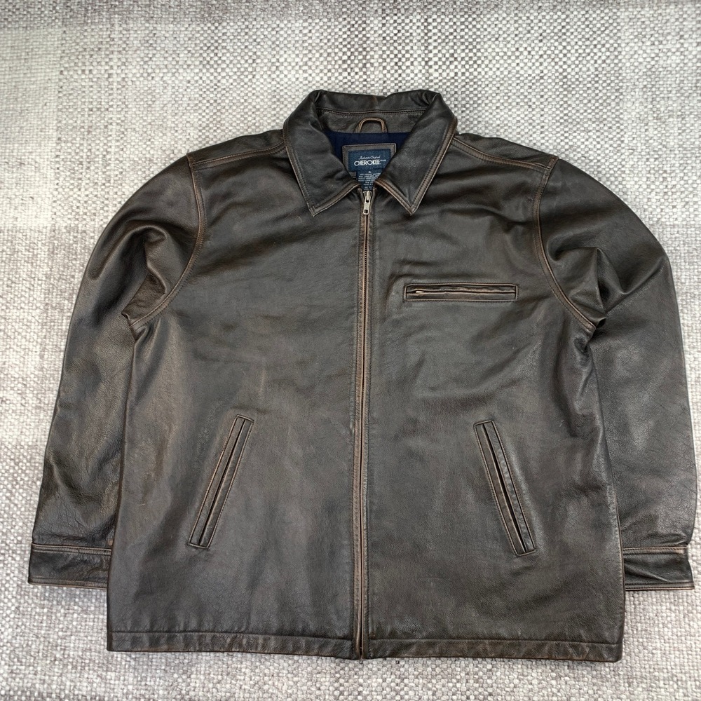 Cherokee Mens XL Brown Genuine Leather Jacket Full Zip Distressed Workwear Coat